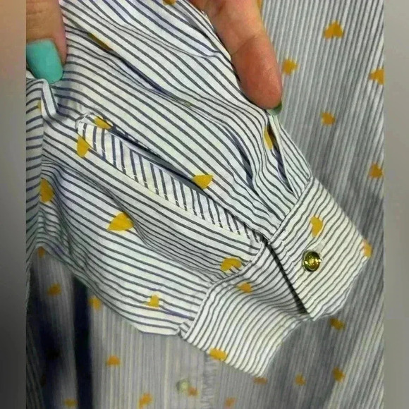 Talbots Button Up, Ruffle detail, Blue/White Stripe with Gold Hearts. Size Large - Picture 8 of 13
